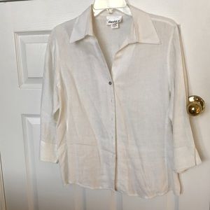 💯% linen cool ivory button down 3/4 sleeve shirt